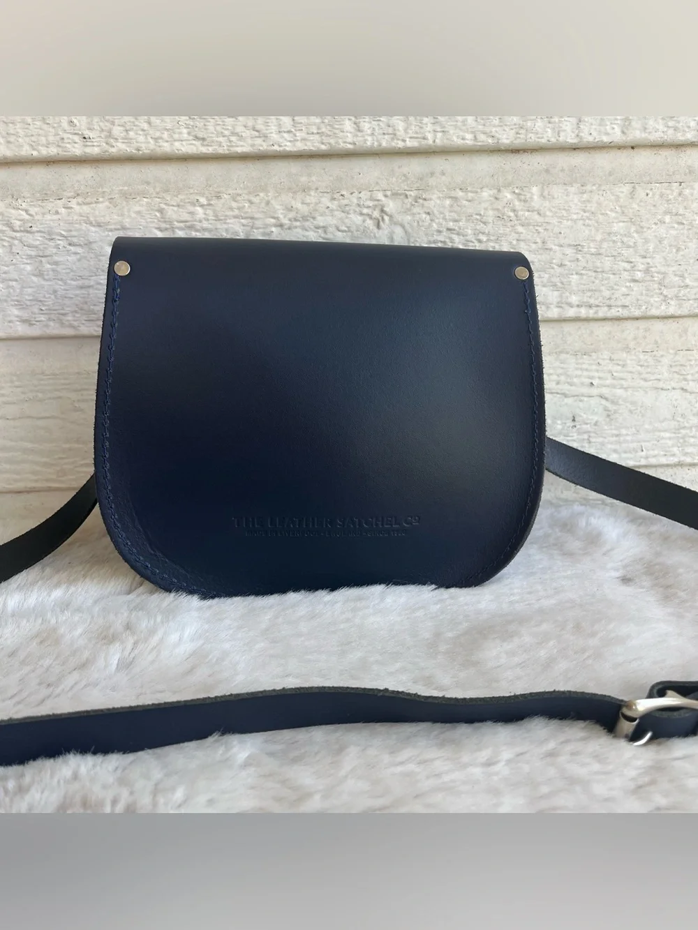 THE LEATHER SATCHEL CO. Navy Blue Flap Saddle Bag Crossbody